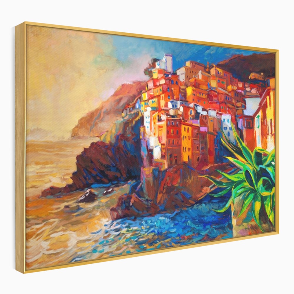 Tablou canvas cu tablou canvas cu oras pe stanci, in rama de aluminiu auriu